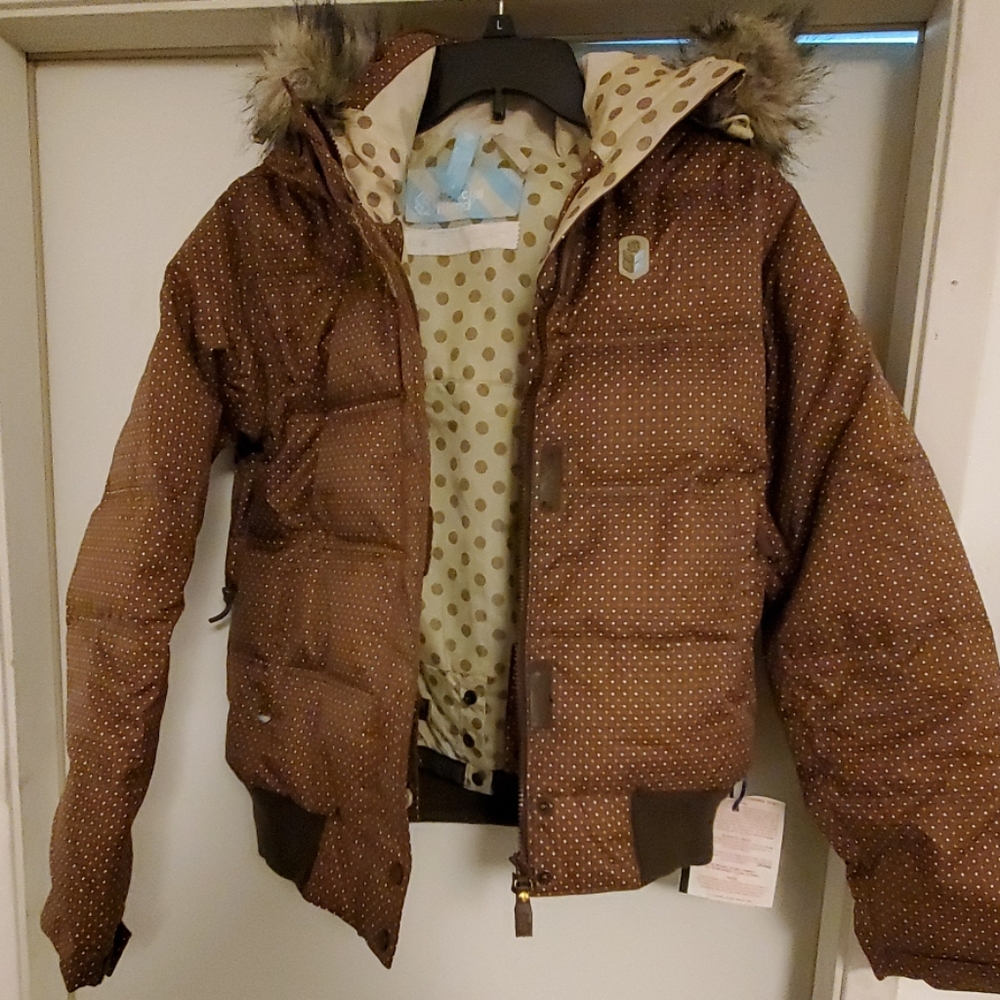 Special Blend Ski /Snowboard Jacket Hoodie Faux Fur Brown Polka Dots M